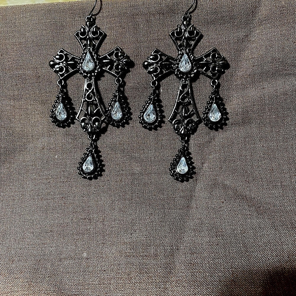 Gun metal grey cross drop earrings